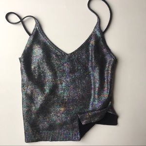 Iridescent V-neck top with ribbed detailing
